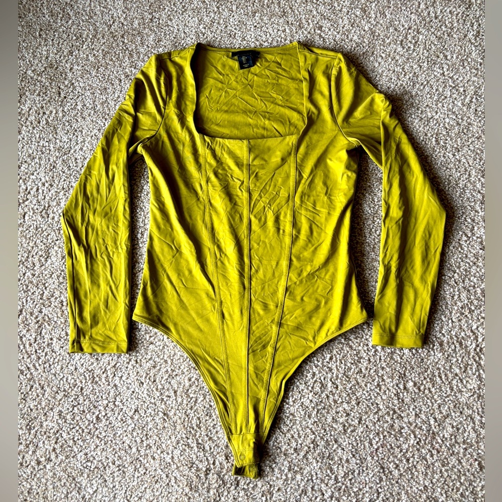 House of Harlow 1960 Large Bodysuit Long Sleeve Top Green Stretchy Boho Designer